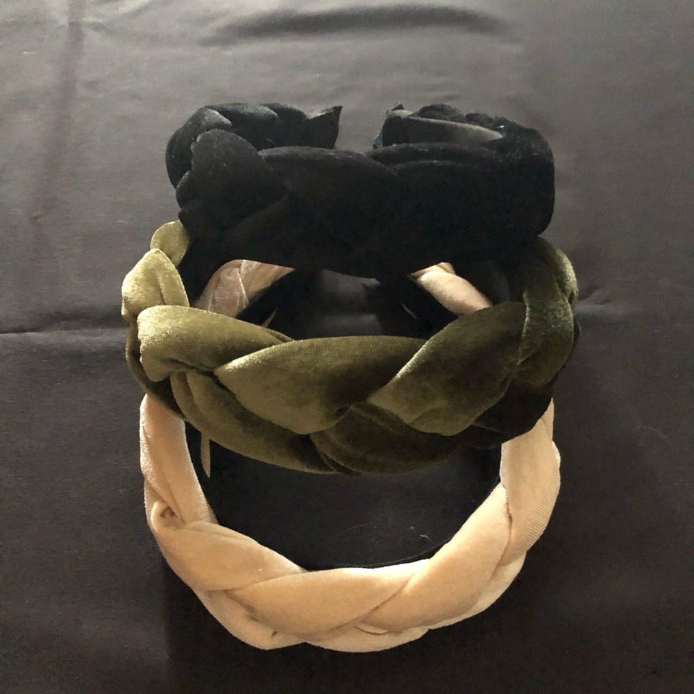 Lot of 3 velour braided headbands, ivory, black and green